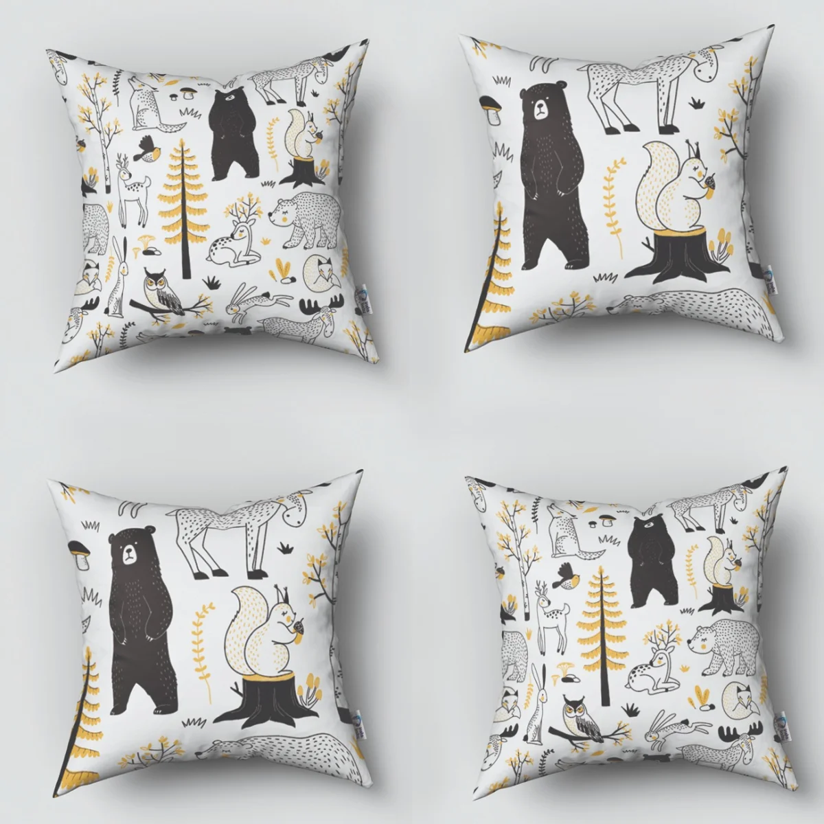 Orman Hayvanları 4lü Kırlent | Beyaz Ağaçlar, mantarlar Desenli