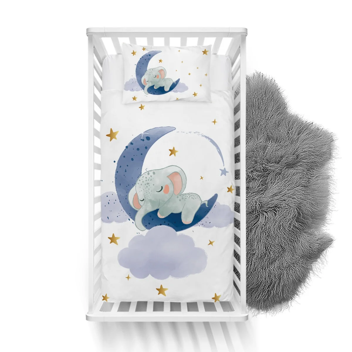 Uyuyan Fil ve Ay Yatak Örtüsü ve Pike | Beyaz yıldızlar, bulutlar Desenli