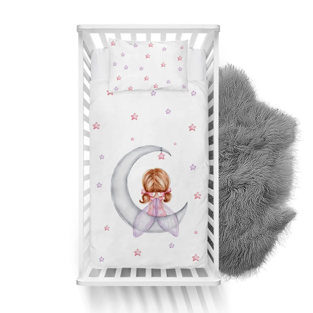 Ay ve peri Yatak Örtüsü ve Pike | Beyaz Yıldızlar Desenli