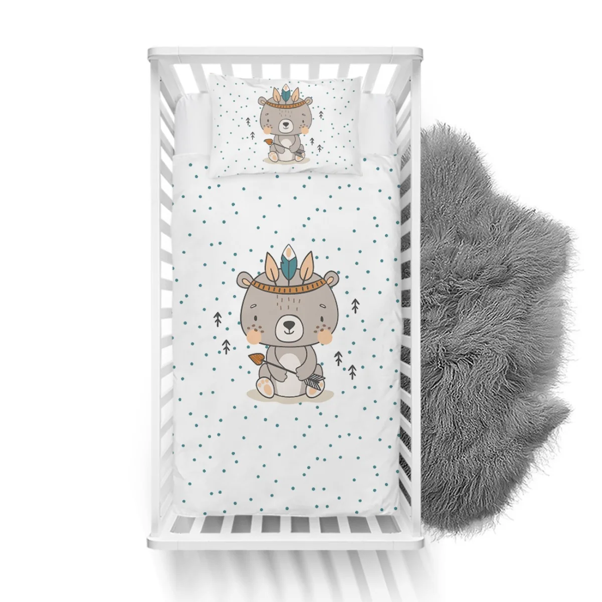 Kızılderili Temalı Ayı Yatak Örtüsü ve Pike | Beyaz mavi noktalar, siyah ok/ağaç figürleri Desenli