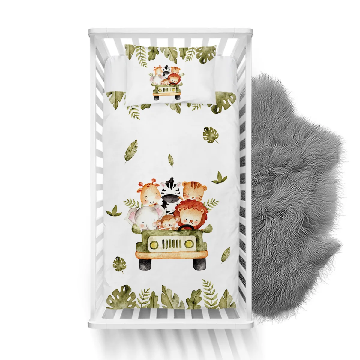 Orman Hayvanları Yatak Örtüsü ve Pike | Beyaz yeşil yapraklar, safari cipi Desenli