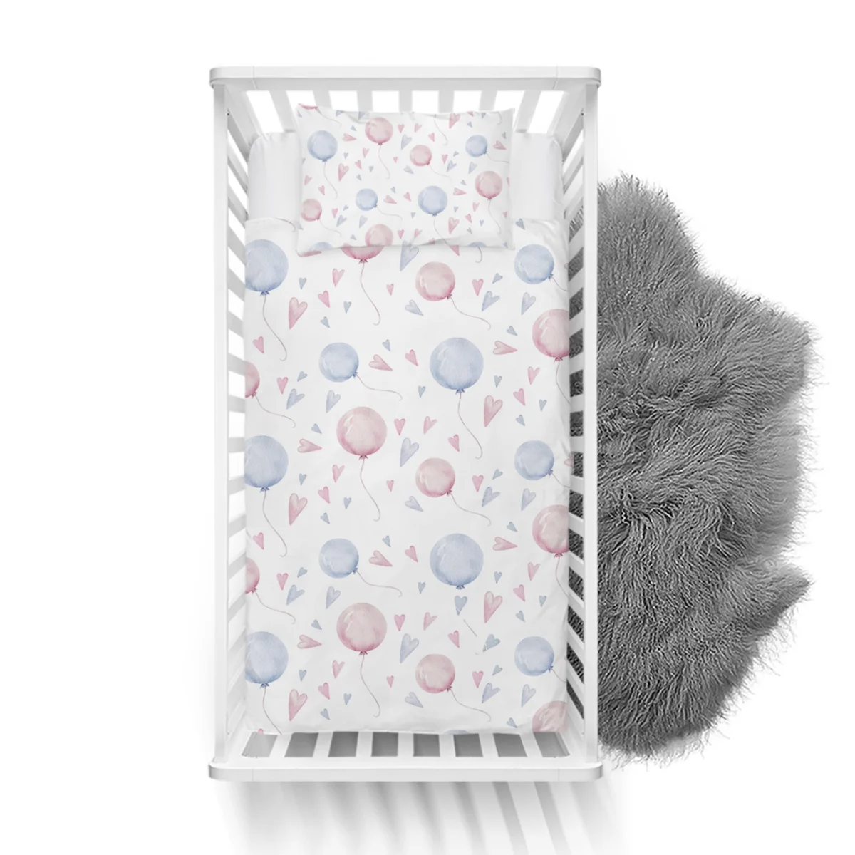 Balonlar ve Kalpler Yatak Örtüsü ve Pike | Beyaz Pembe ve mavi balonlar, pembe ve mavi kalpler Desenli