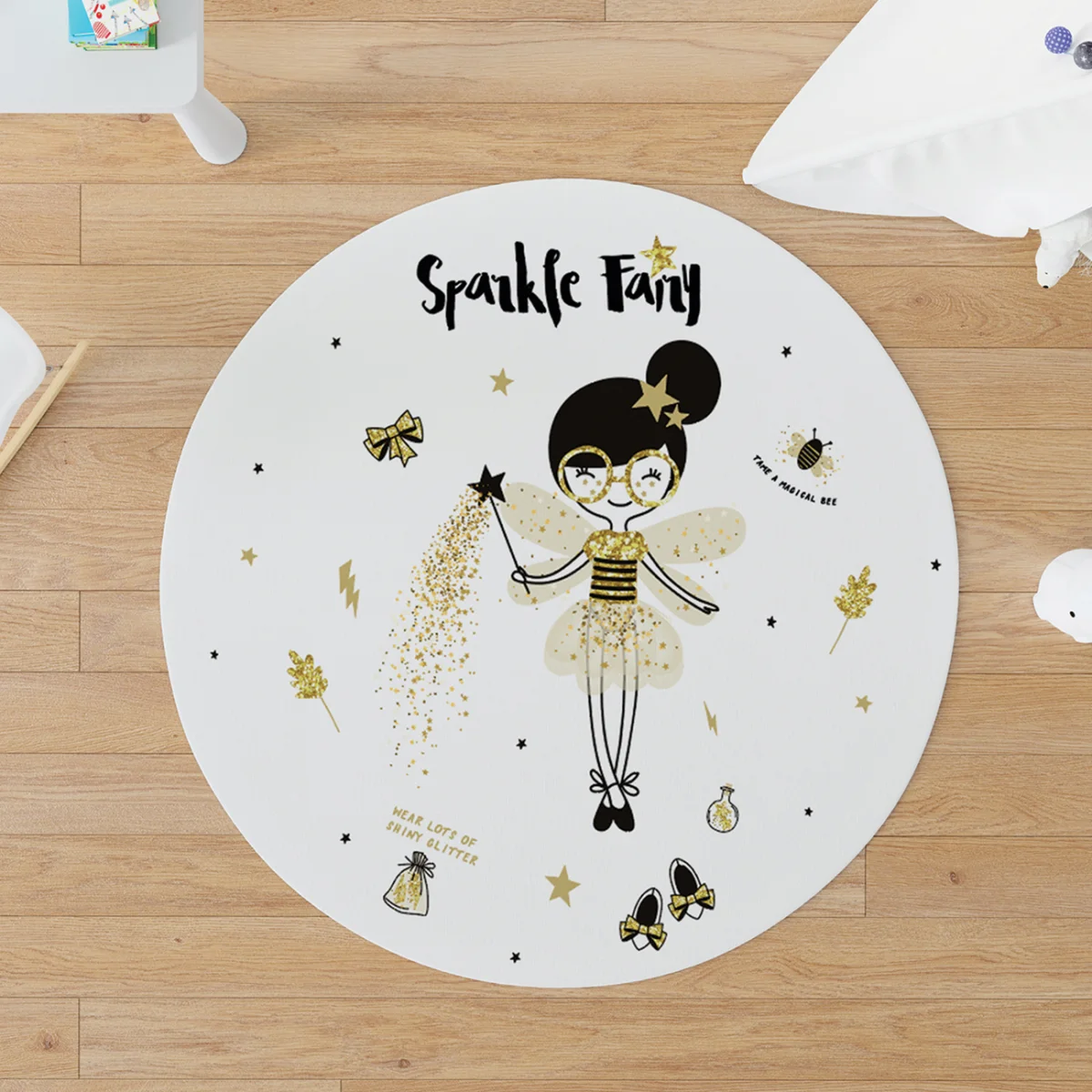 Perili kız ve kedi Yuvarlak Halı | Beyaz Yıldızlar, parıltılar Desenli