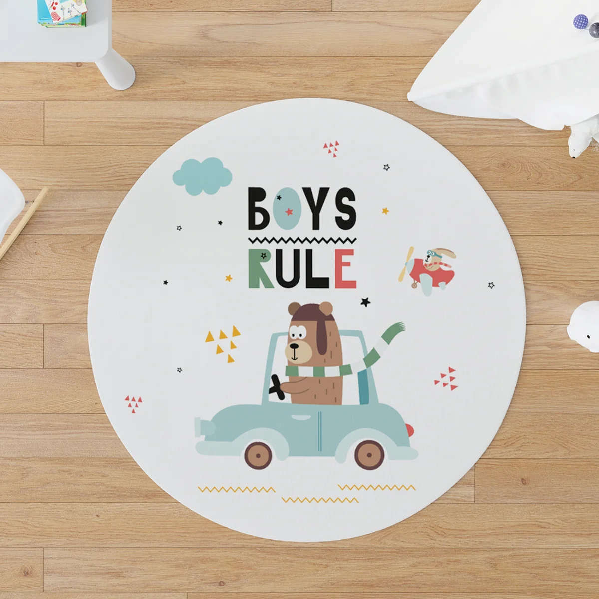 Hayvanlar ve araçlar Yuvarlak Halı | Beyaz Bulutlar, yıldızlar Desenli