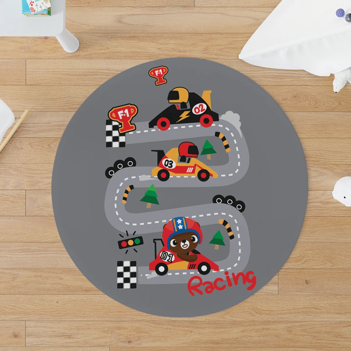 Go-kart yarışı Yuvarlak Halı | Gri Yarış pisti, ağaçlar Desenli