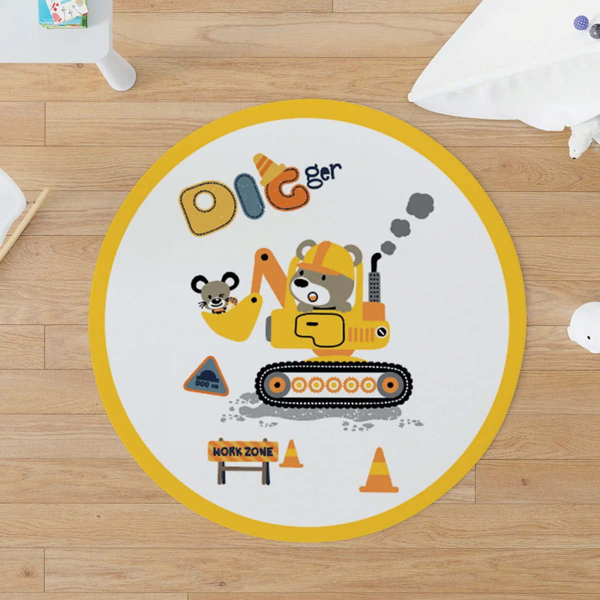 İş Makineleri ve Şantiye Hayvanları Yuvarlak Halı | Beyaz iş makineleri, sevimli hayvanlar Desenli