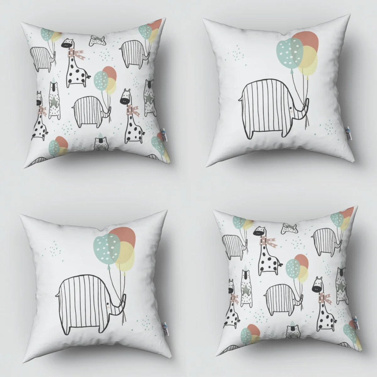 Orman Hayvanları 4lü Kırlent | Beyaz balonlar, parti şapkaları Desenli