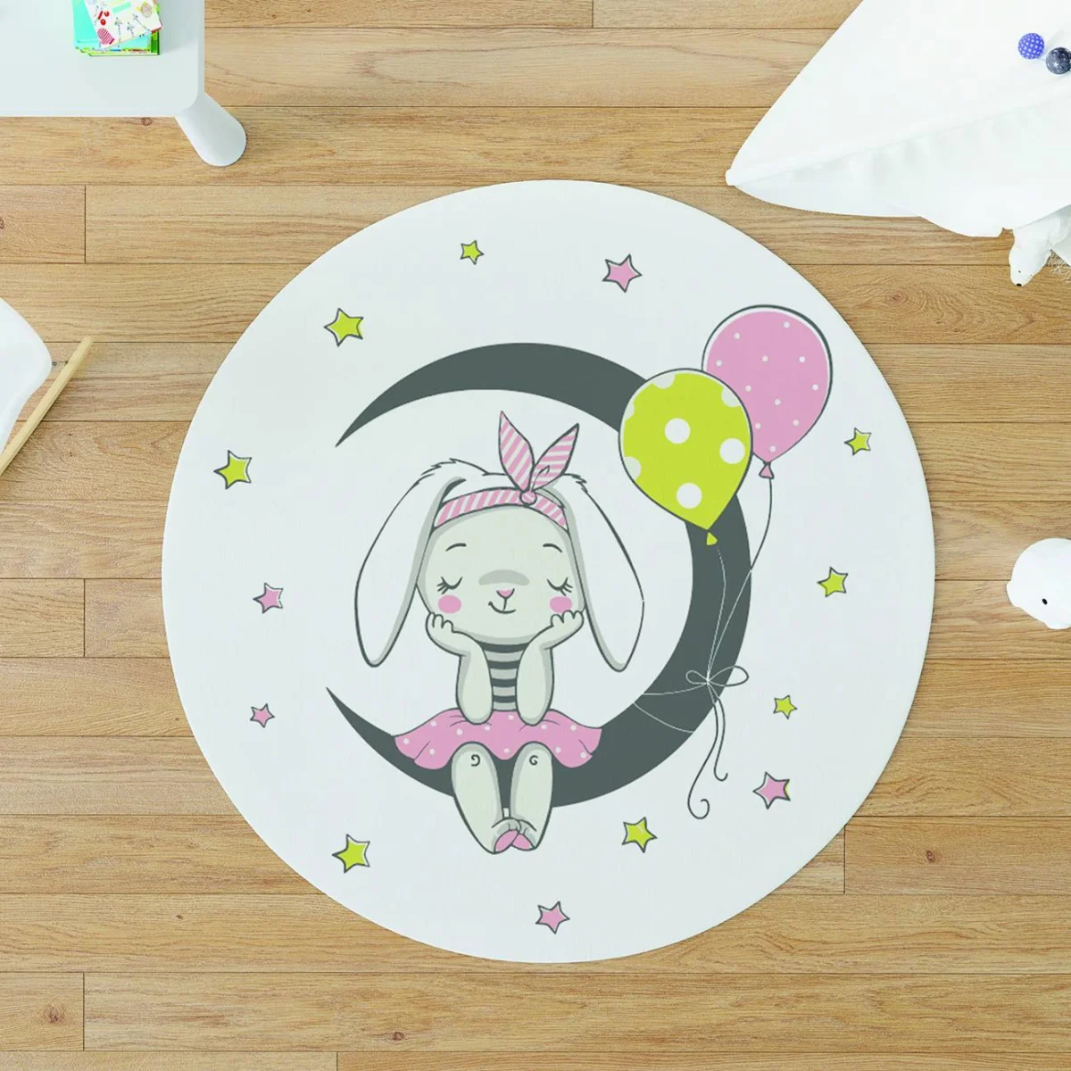 Tavşan Yuvarlak Halı | Beyaz ay, yıldızlar Desenli