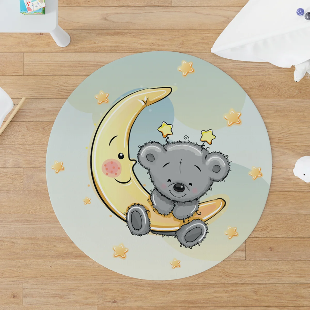 Ayda Ayıcık Yuvarlak Halı | Beyaz yıldız, bulut Desenli