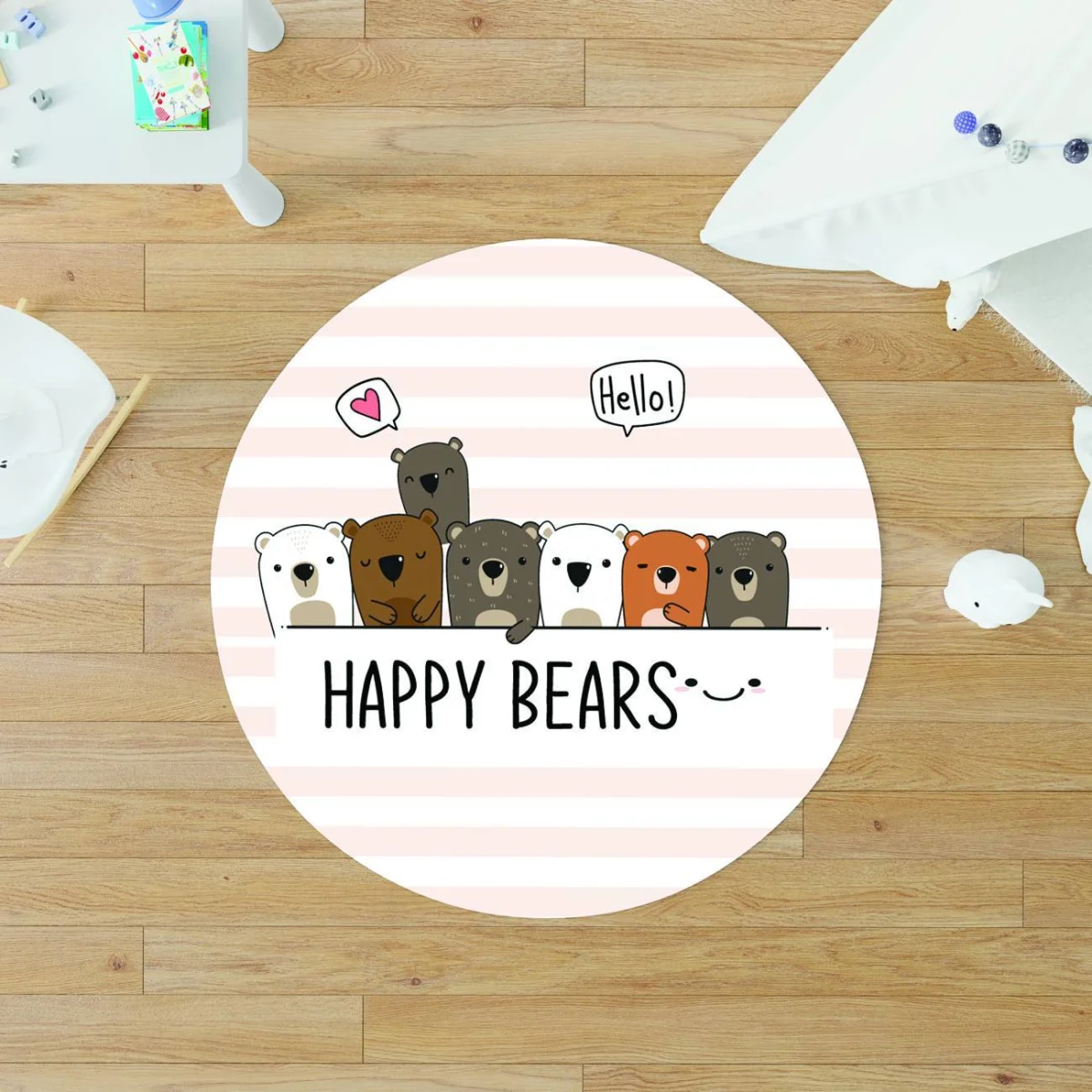 Ayılar Yuvarlak Halı | Beyaz çizgili, kalpler Desenli