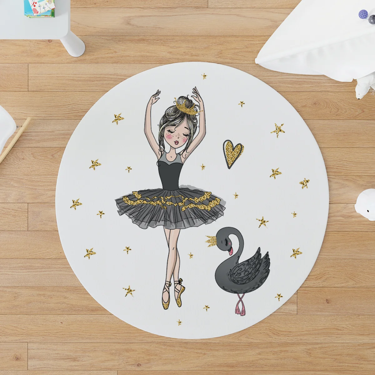 Balerin ve Kuğu Yuvarlak Halı | Beyaz Altın yıldızlar, kalpler Desenli