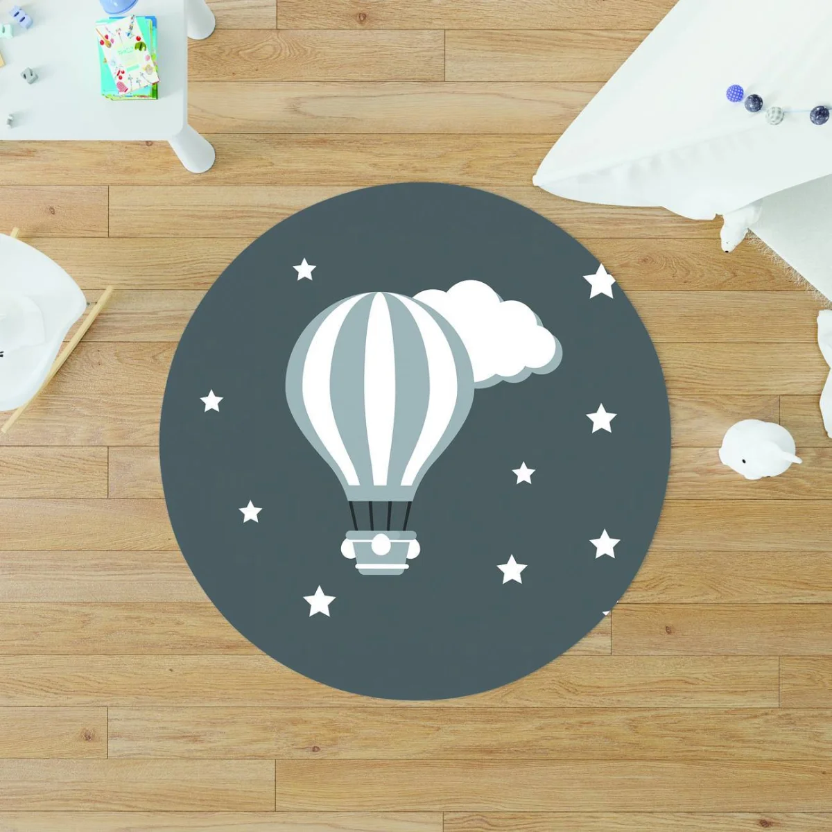 Sıcak Hava Balonları Yuvarlak Halı | Gri yıldız, bulut Desenli