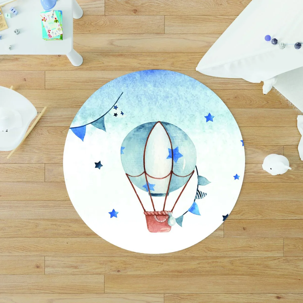 Sıcak hava balonu Yuvarlak Halı | Beyaz yıldız, bulut Desenli