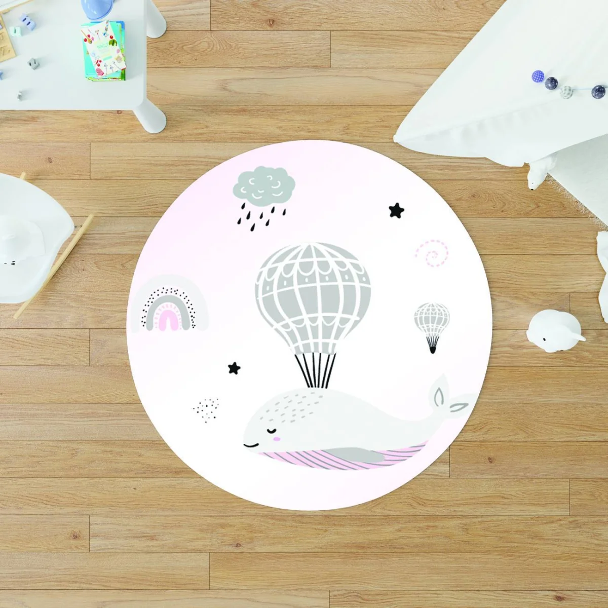 Uçan balina Yuvarlak Halı | Beyaz Sıcak hava balonu, gökkuşağı Desenli