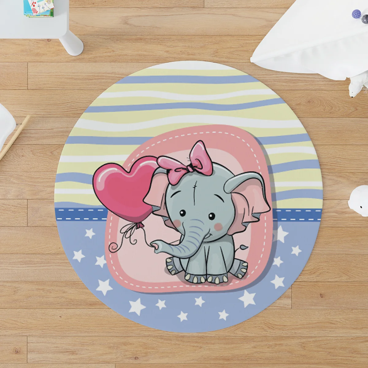 Fil Yuvarlak Halı | Mavi yıldız, şerit Desenli