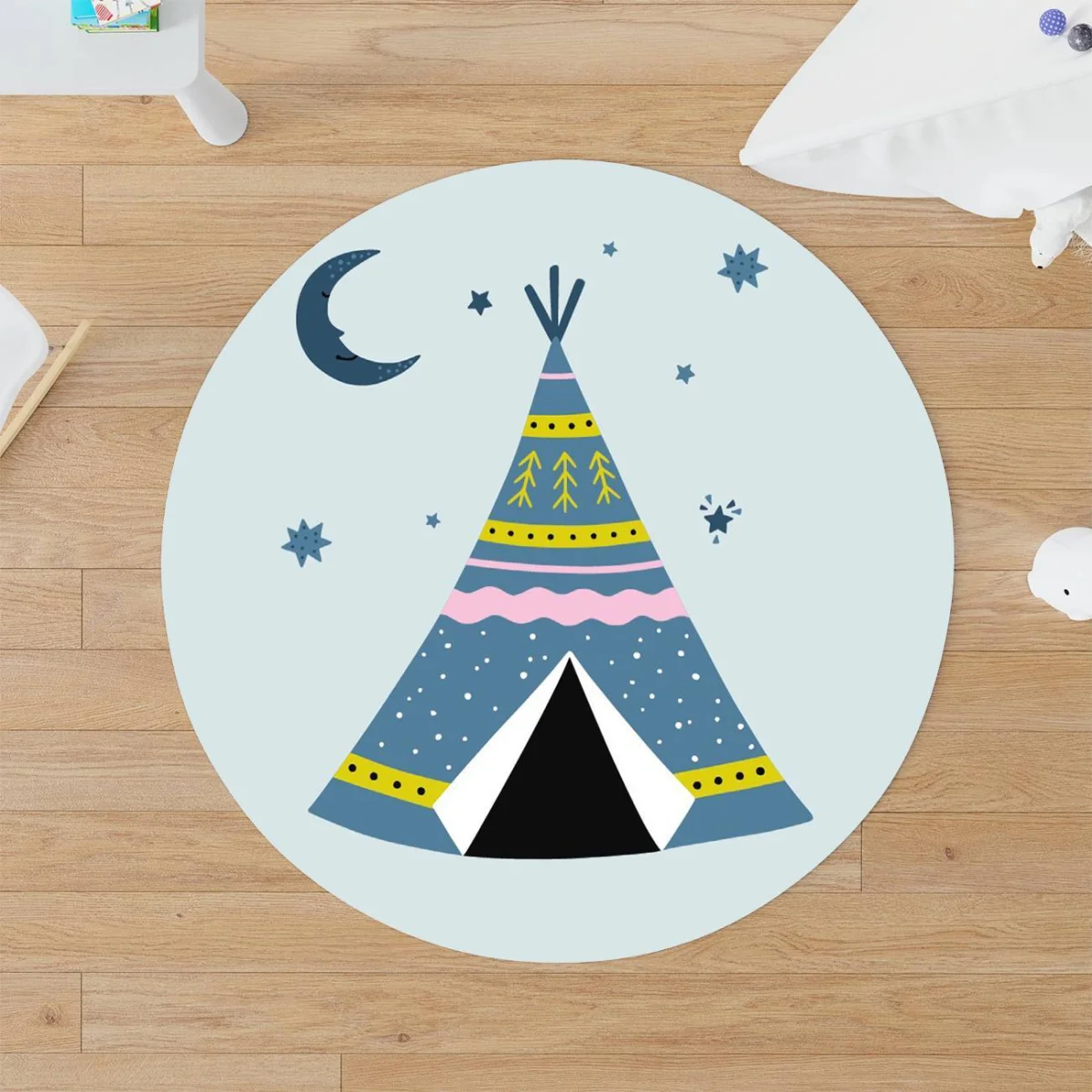 Çadır (Teepee) Yuvarlak Halı | Mavi Ay, yıldızlar Desenli