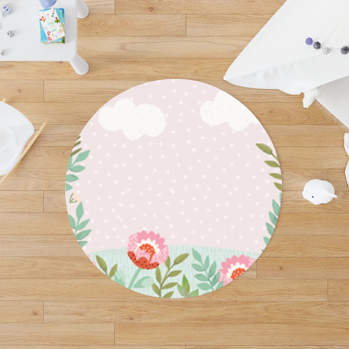 Çiçekli Bahçe Yuvarlak Halı | Pembe beyaz bulutlar, puantiye Desenli