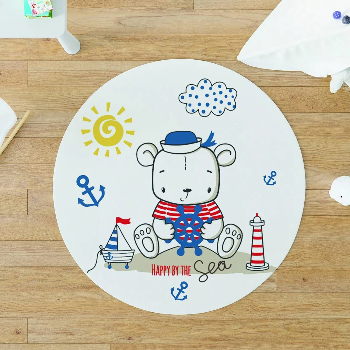 Denizci Ayı Yuvarlak Halı | Beyaz balık, yıldız Desenli