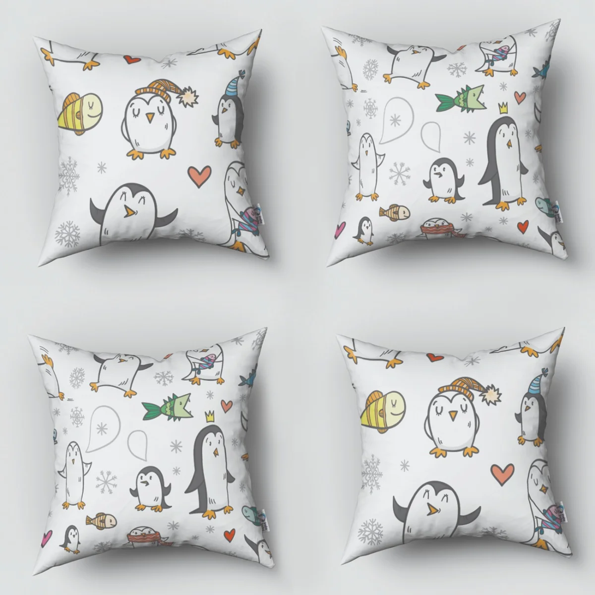 Penguen 4lü Kırlent | Beyaz Kar taneleri, kalpler Desenli