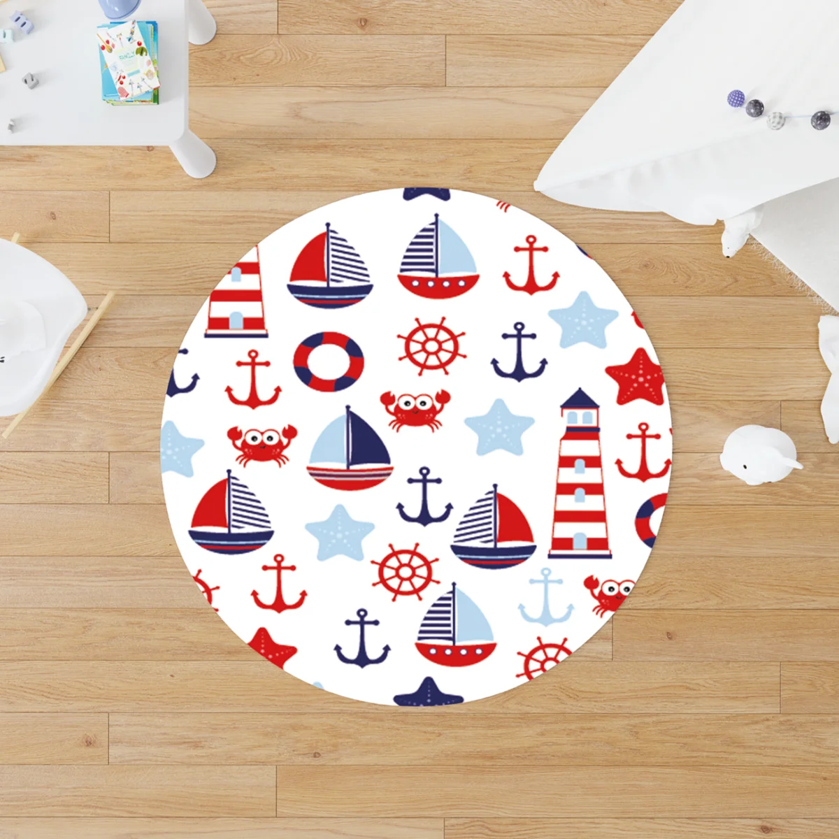Denizcilik Yuvarlak Halı | Beyaz bulut, yıldız Desenli