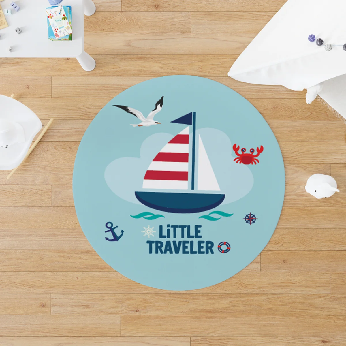 Denizcilik Yuvarlak Halı | Açık Mavi yelkenli, martı Desenli