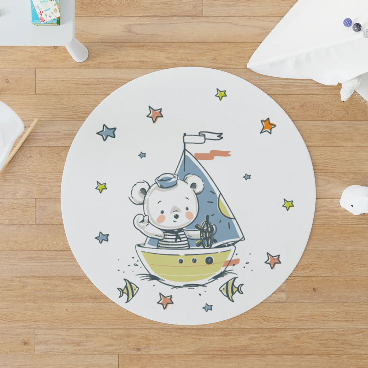 Denizci Ayı Yuvarlak Halı | Beyaz yıldızlar, balıklar Desenli