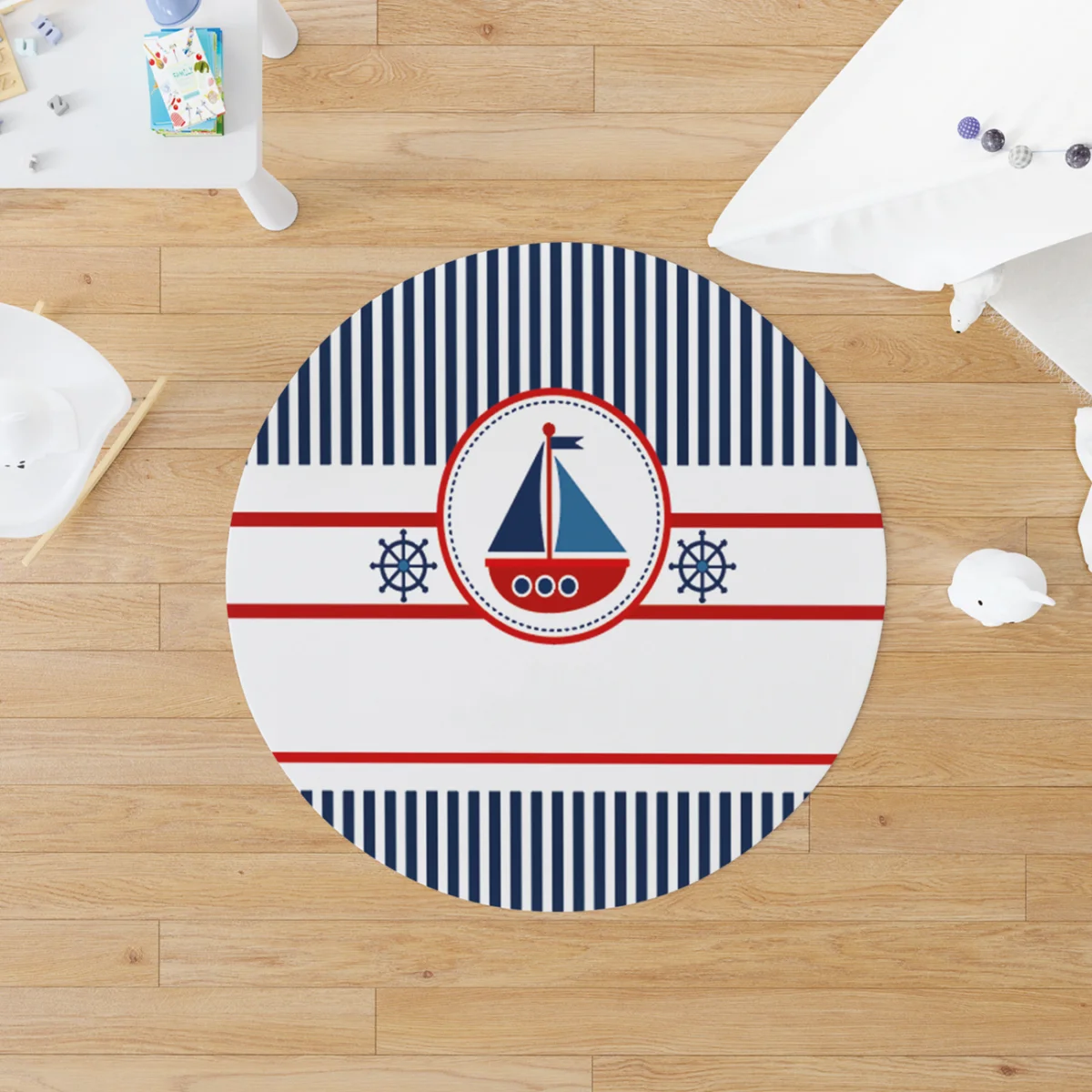 Yelkenli Gemi Yuvarlak Halı | Beyaz yelkenli gemi, gemi dümeni Desenli