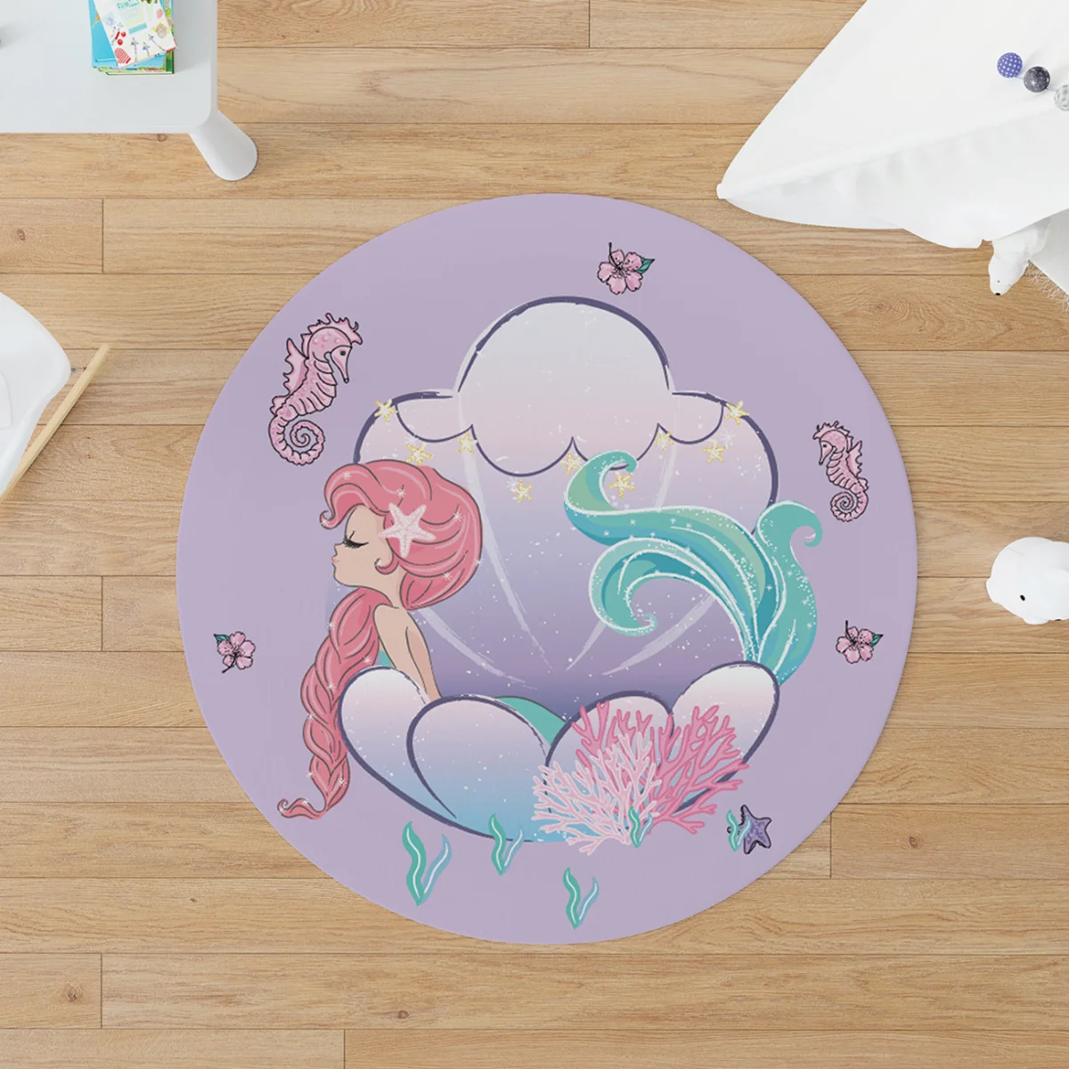 Deniz Kızı Yuvarlak Halı | Mor deniz atı, bulut Desenli