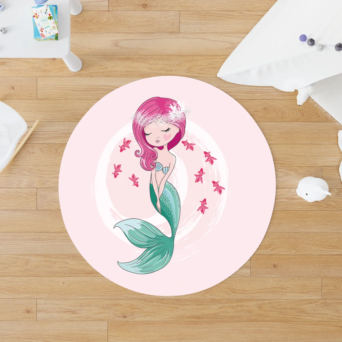 Deniz Kızı Yuvarlak Halı | Pembe küçük pembe balıklar, mercanlar Desenli