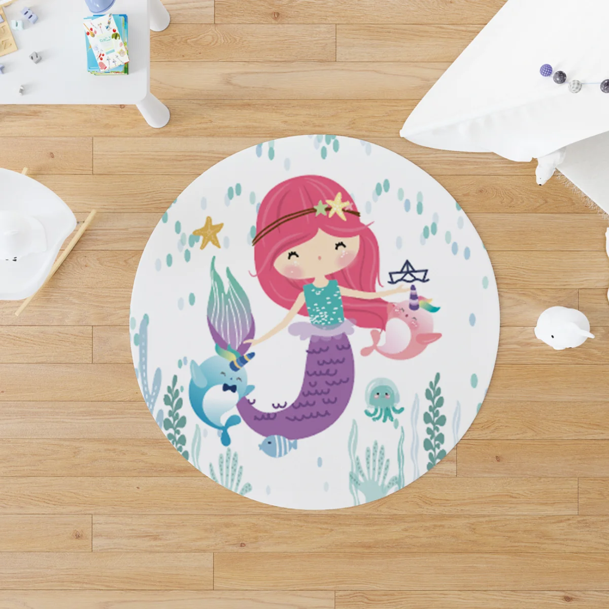 Deniz Kızı ve Deniz Altı Yuvarlak Halı | Beyaz Deniz kızı, narval Desenli