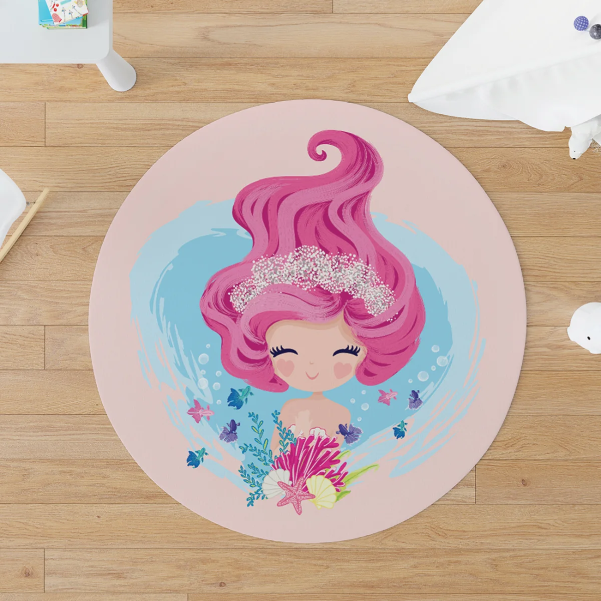 Deniz Kızı Yuvarlak Halı | Pembe Mercan, deniz kabukları Desenli