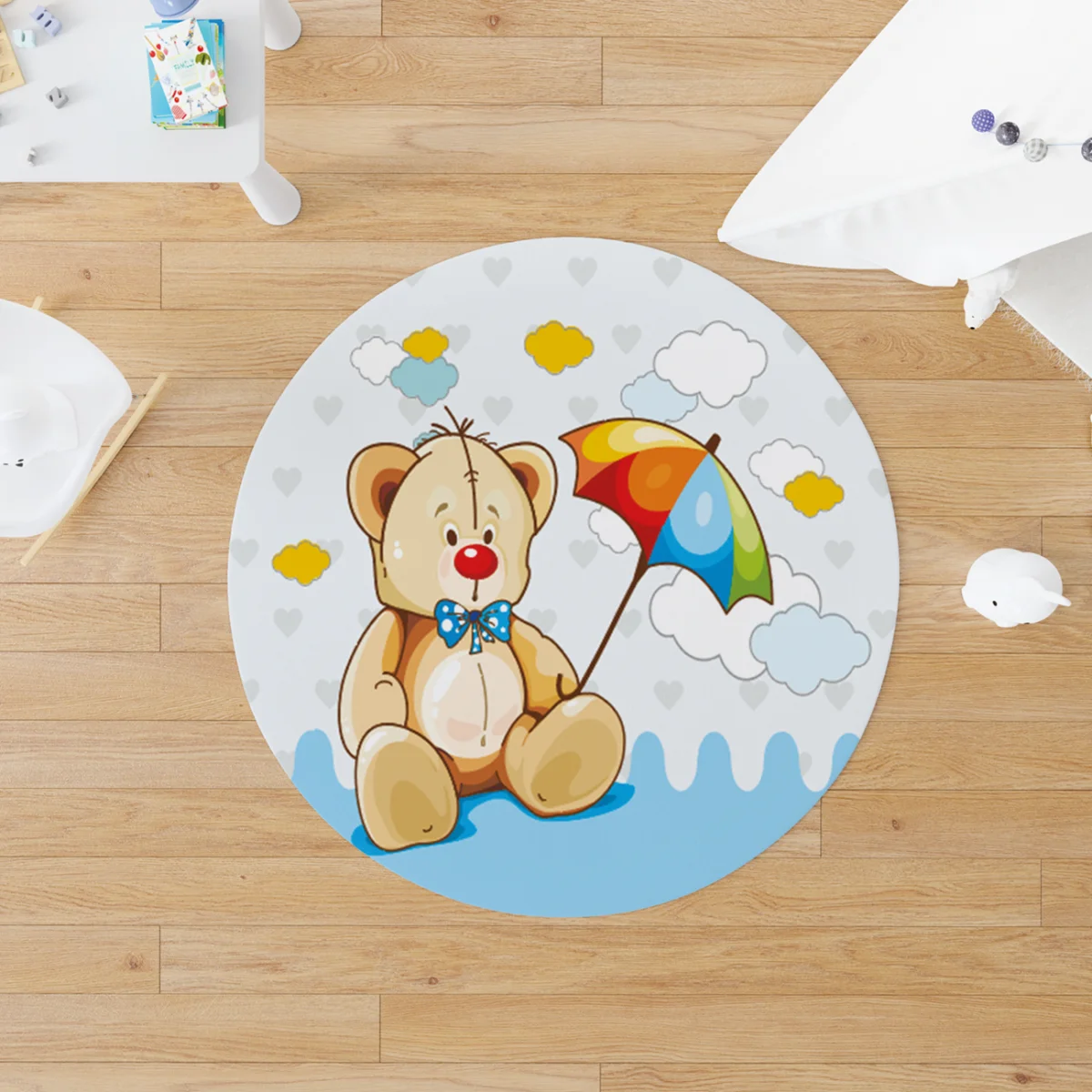 Ayıcık Yuvarlak Halı | Açık mavi Kalpler, bulutlar Desenli