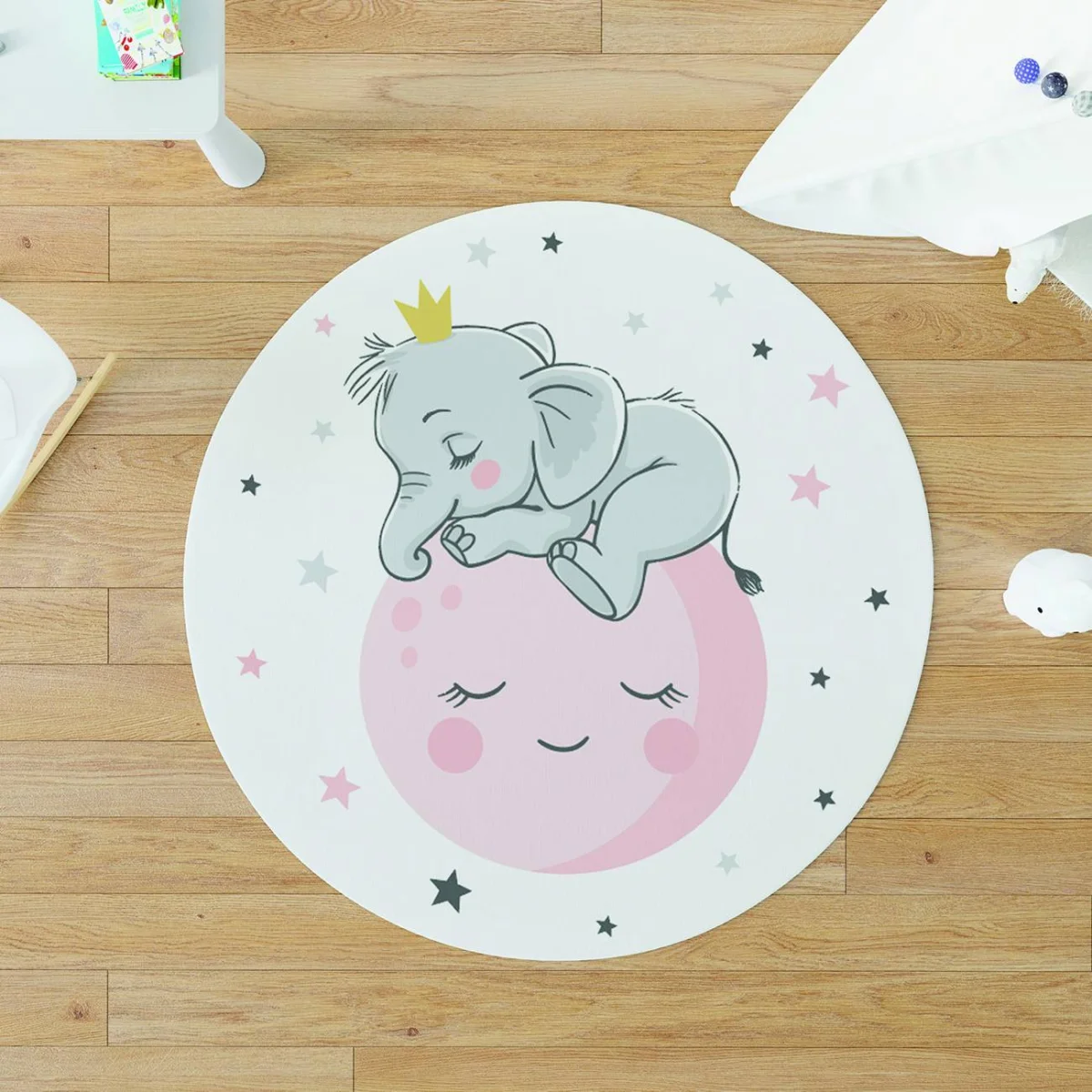 Uyuyan Fil, Ay Yuvarlak Halı | Beyaz yıldızlar, ay Desenli