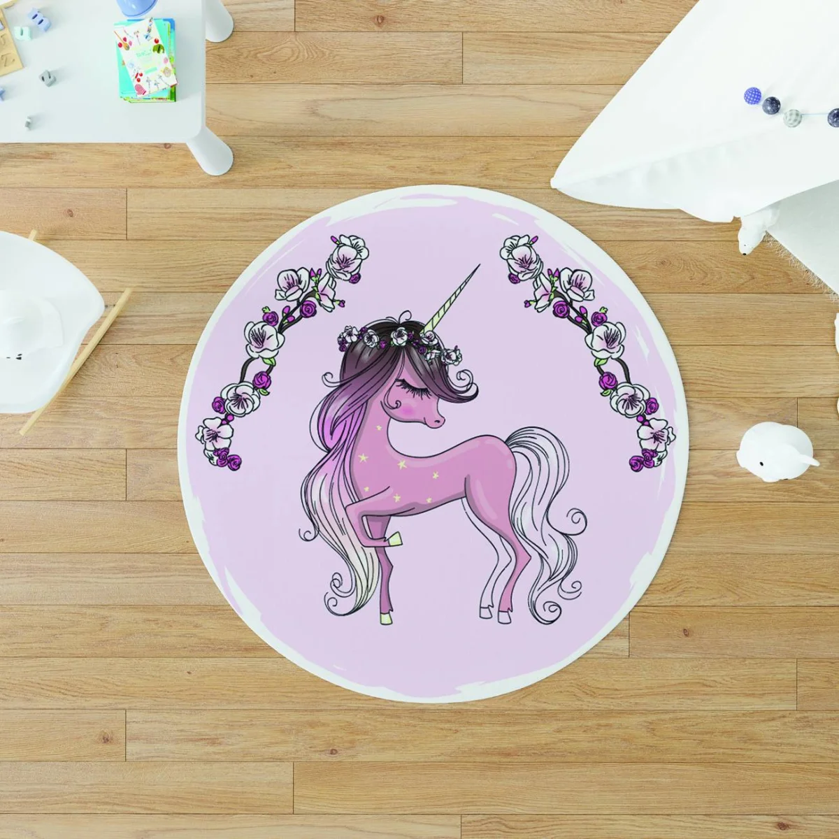 Unicorn Yuvarlak Halı | Pembe Unicorn, çiçekler Desenli