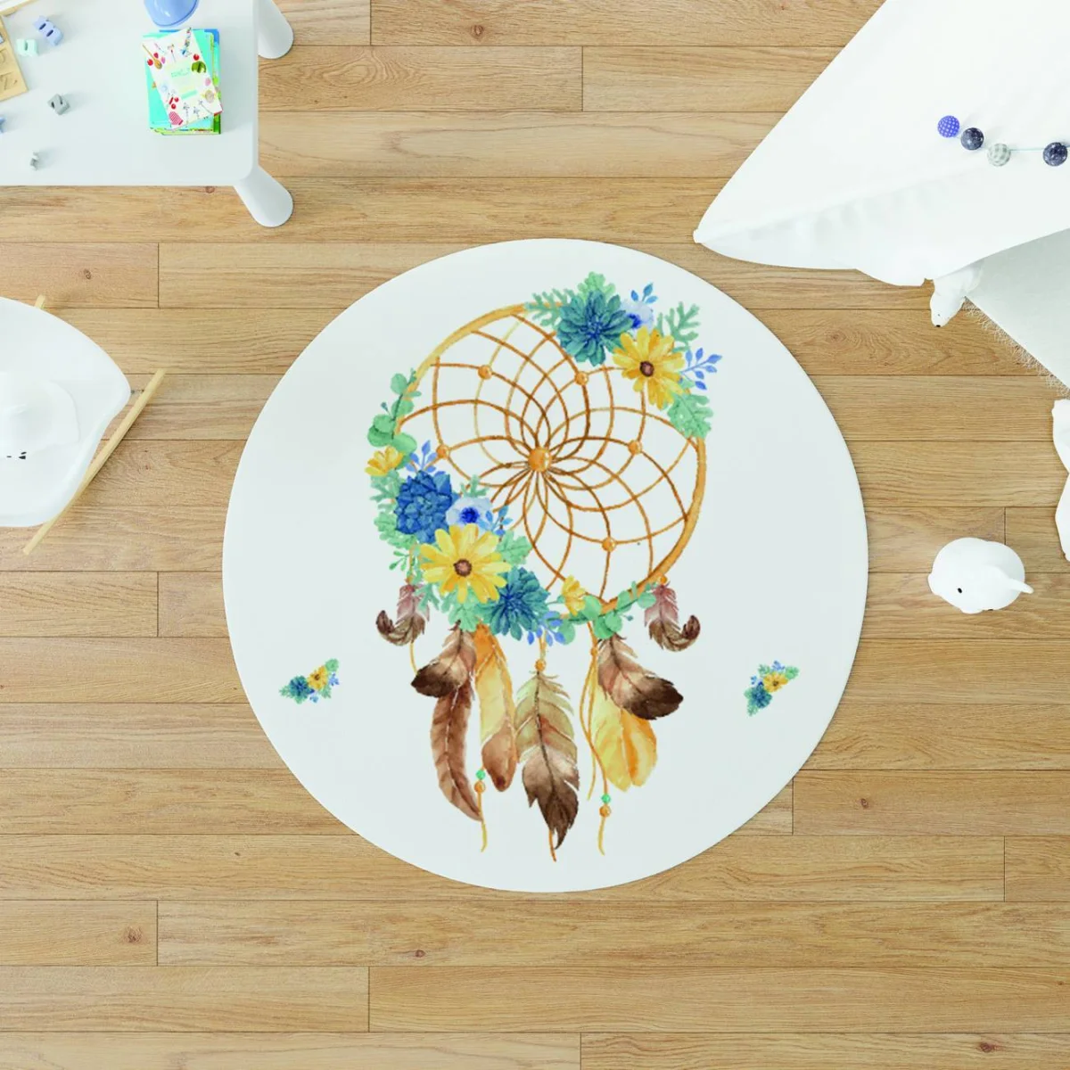 Düş kapanı, Çiçekler Yuvarlak Halı | Beyaz sarı, mavi ve turkuaz çiçekler Desenli