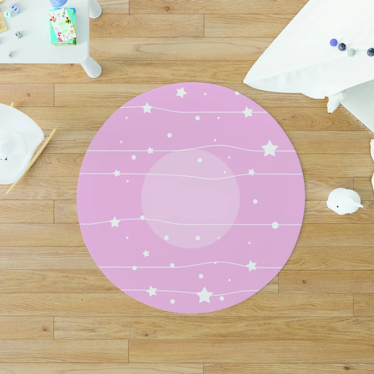 Uzay Yuvarlak Halı | Pembe yıldızlar, daireler Desenli