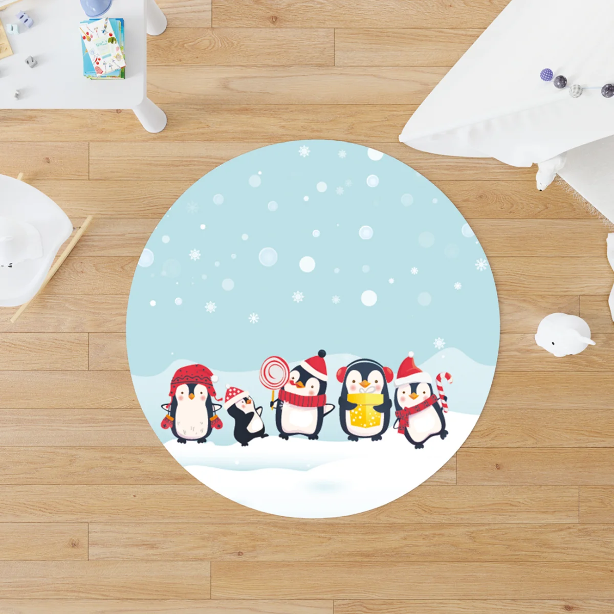 Penguen Yuvarlak Halı | Mavi Kar taneleri, kar Desenli