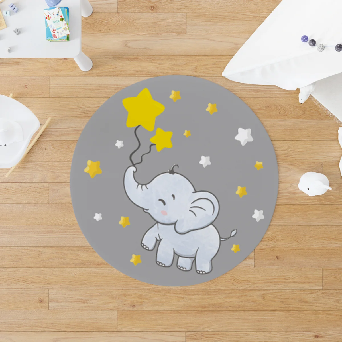 Fil Yuvarlak Halı | Gri yıldızlar, yıldız balonlar Desenli
