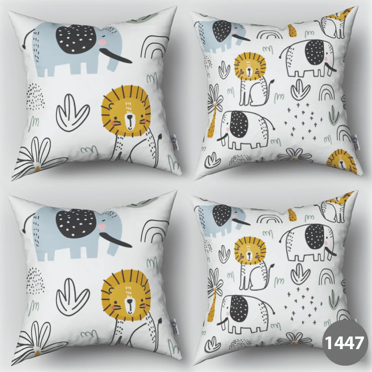 Orman Hayvanları 4lü Kırlent | Beyaz palmiye ağaçları, gökkuşağı Desenli