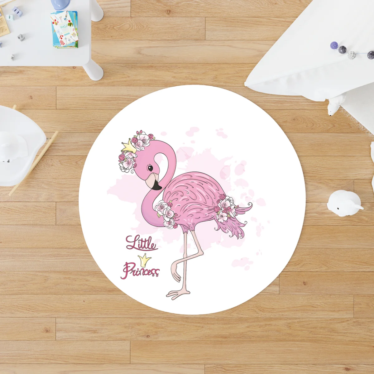 Flamingo Yuvarlak Halı | Beyaz Çiçekler, taç Desenli