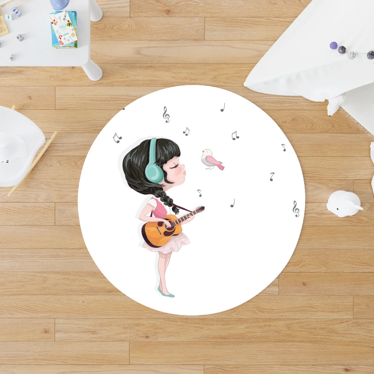Müziksever Kız Yuvarlak Halı | Beyaz müzik notaları, kuş Desenli