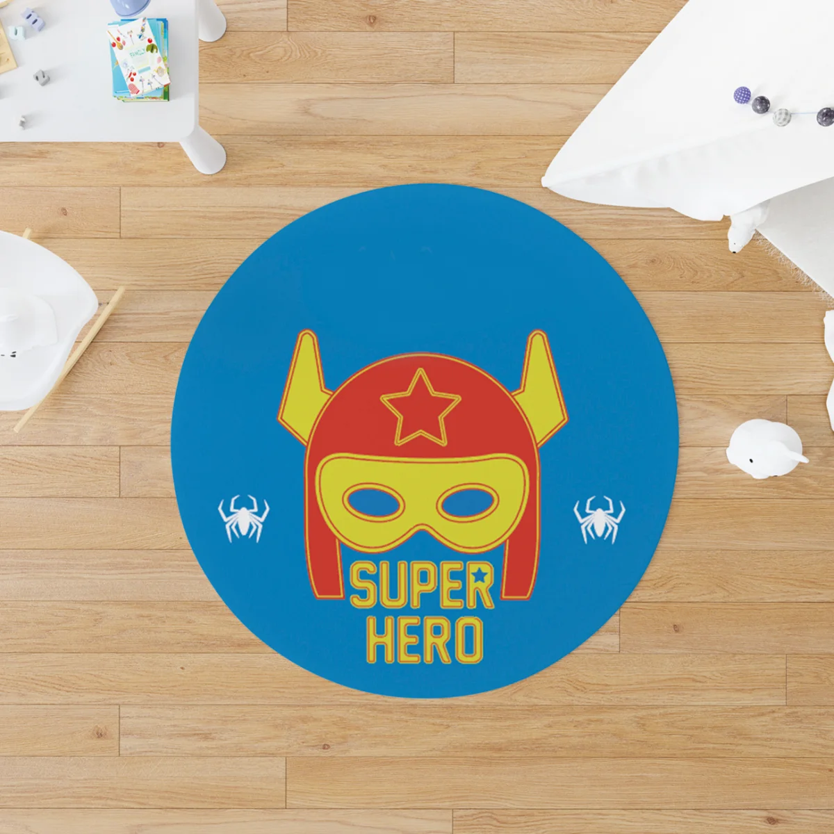 Süper Kahraman Yuvarlak Halı | Mavi maske, yıldız Desenli