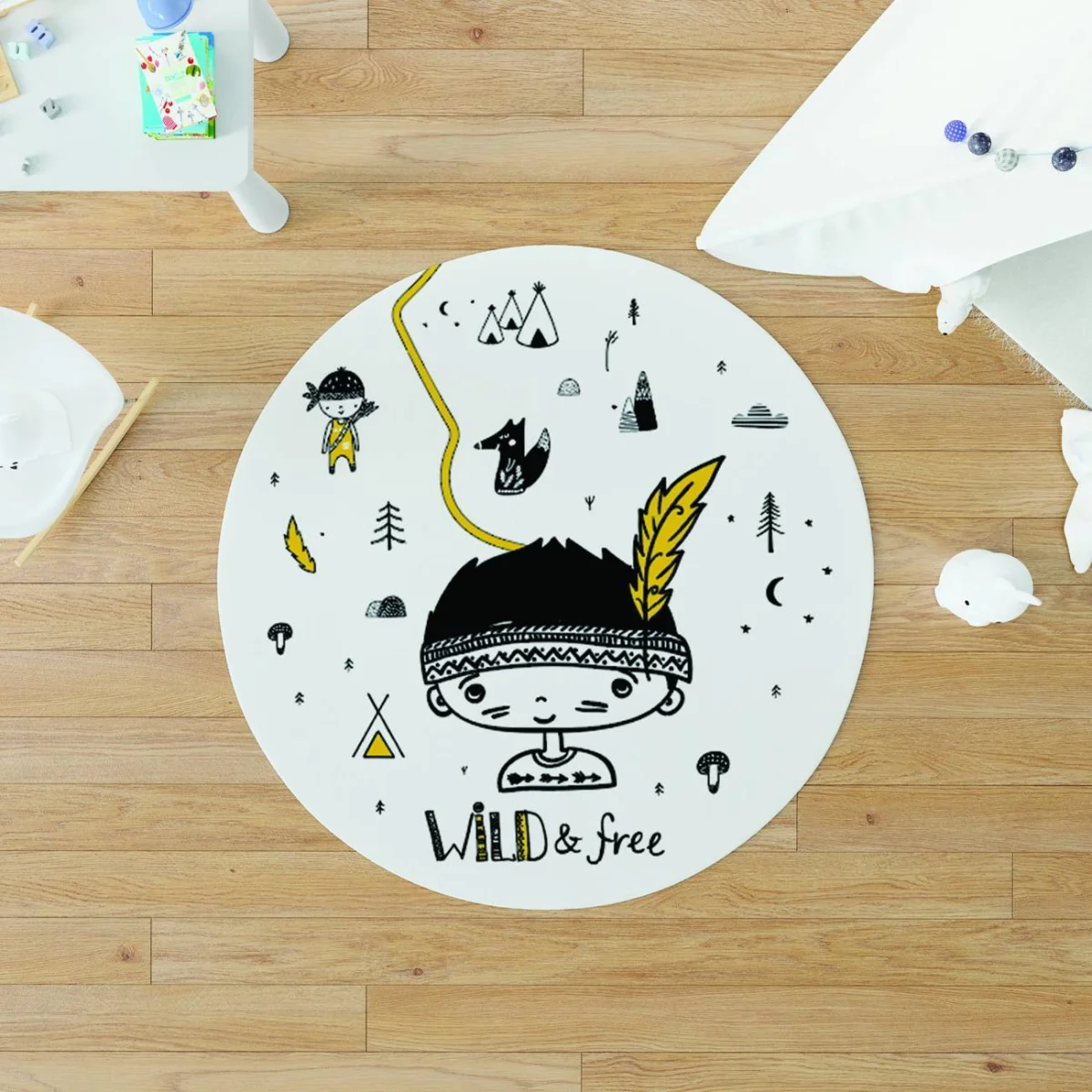 Yerli Çocuk Yuvarlak Halı | Beyaz Yıldız, ay Desenli