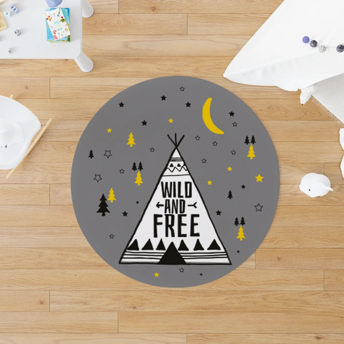 Tipi Çadırı, Doğa Yuvarlak Halı | Gri yıldız, ay Desenli