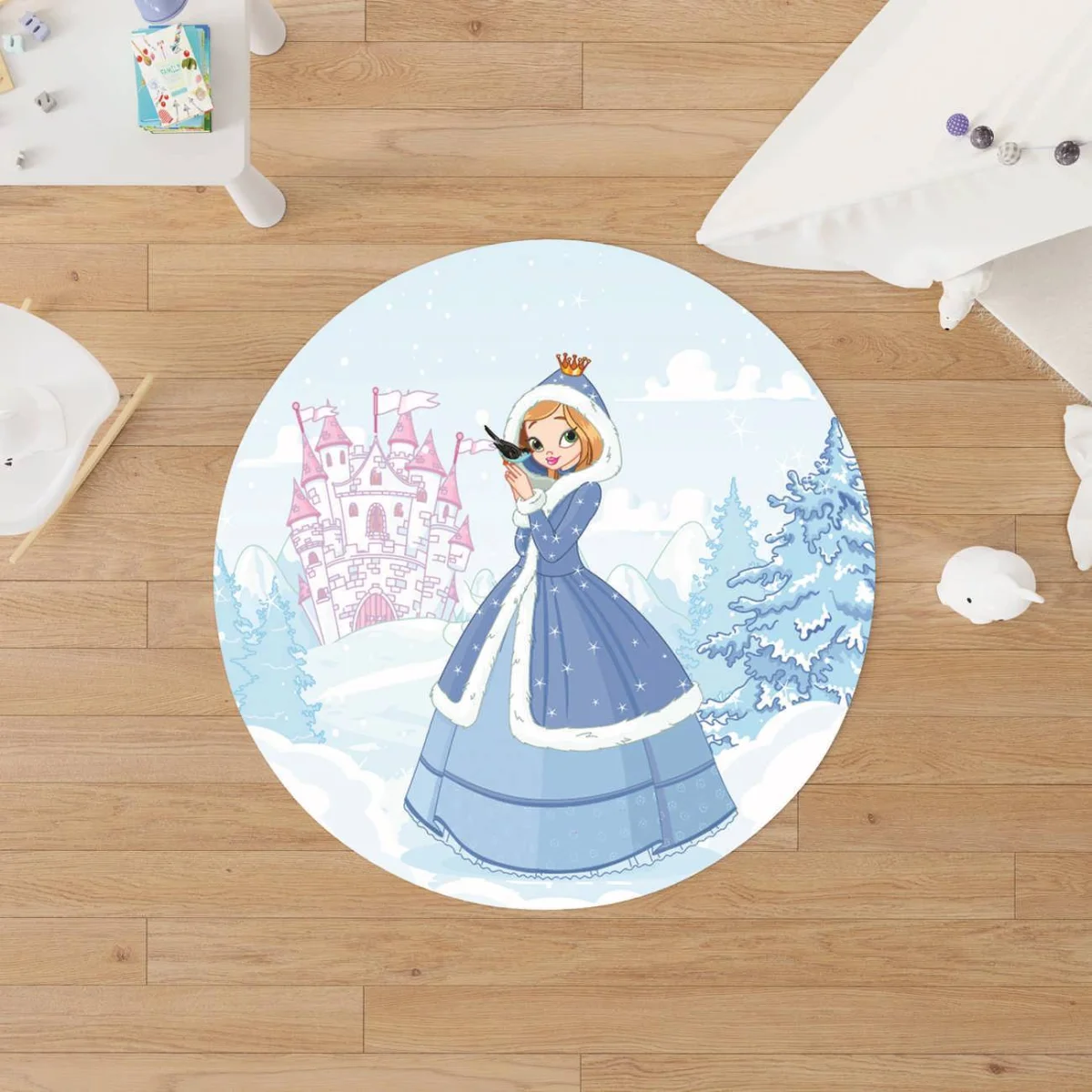 Prenses Yuvarlak Halı | Mavi kale, kuş Desenli