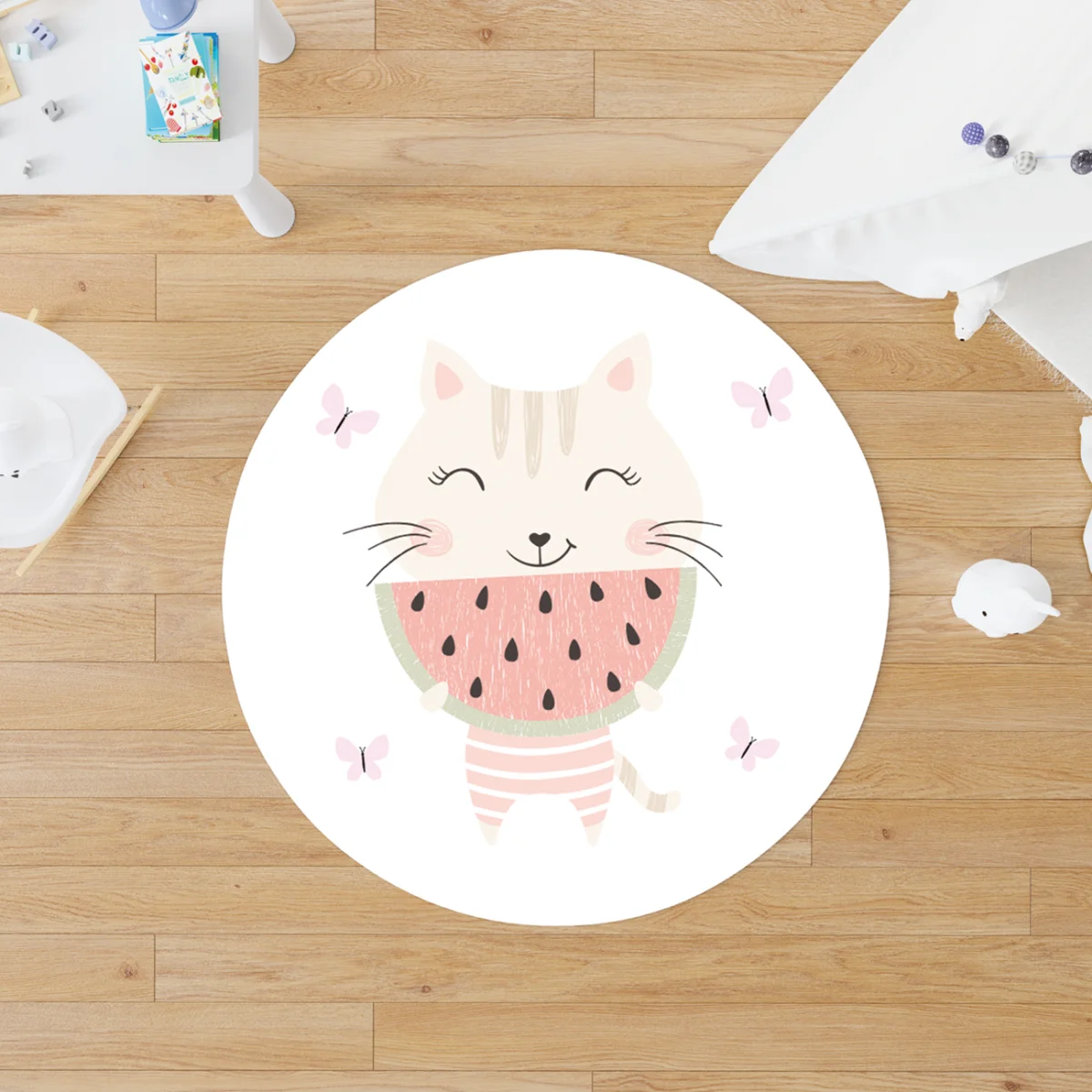 Kedi Yuvarlak Halı | Beyaz pembe kelebekler, karpuz Desenli