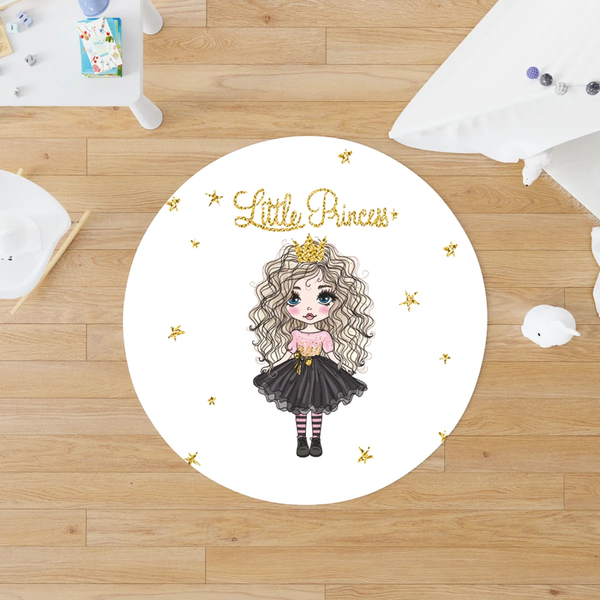 Prenses Yuvarlak Halı | Beyaz yıldız Desenli