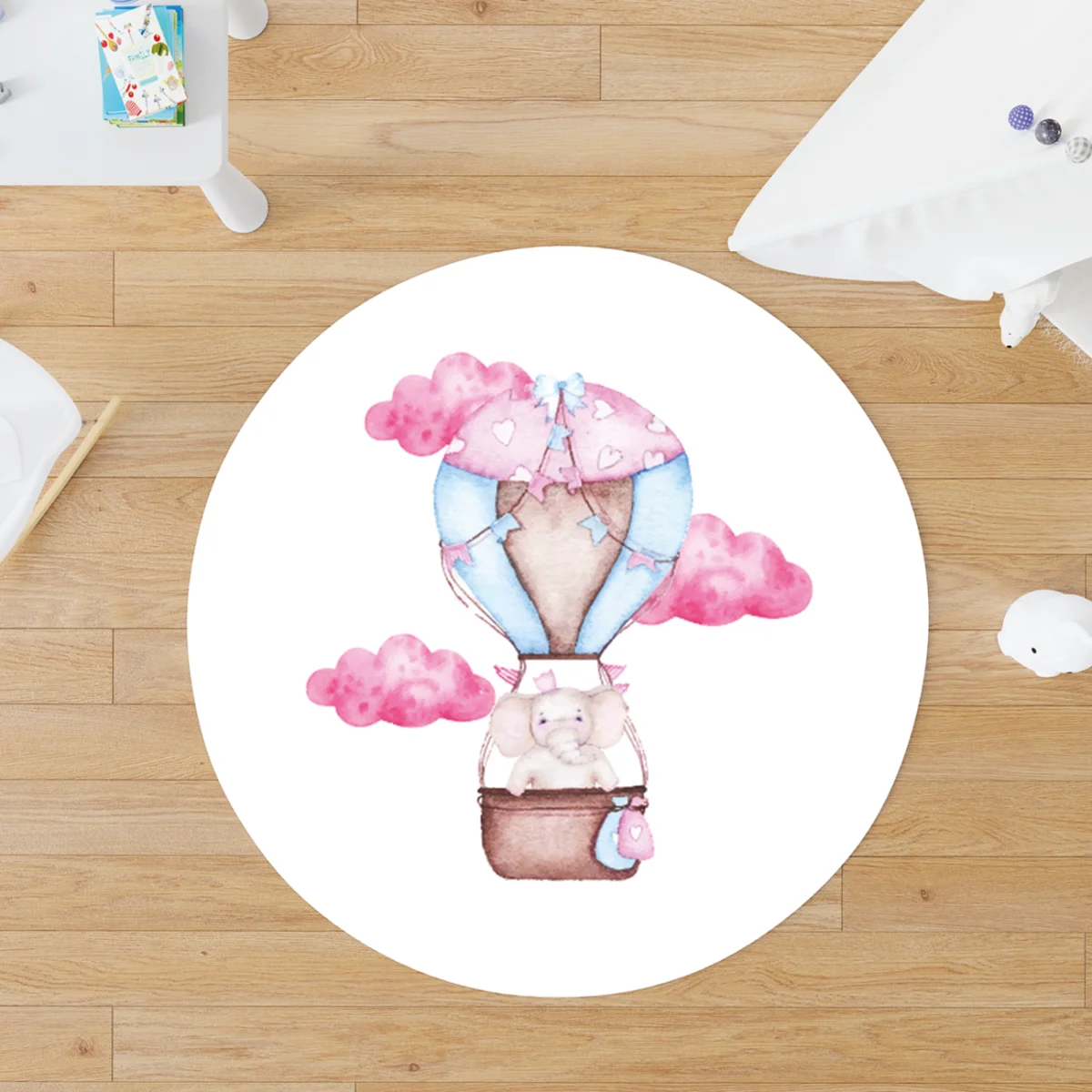Fil, Sıcak hava balonu Yuvarlak Halı | Beyaz pembe bulut, kalp Desenli