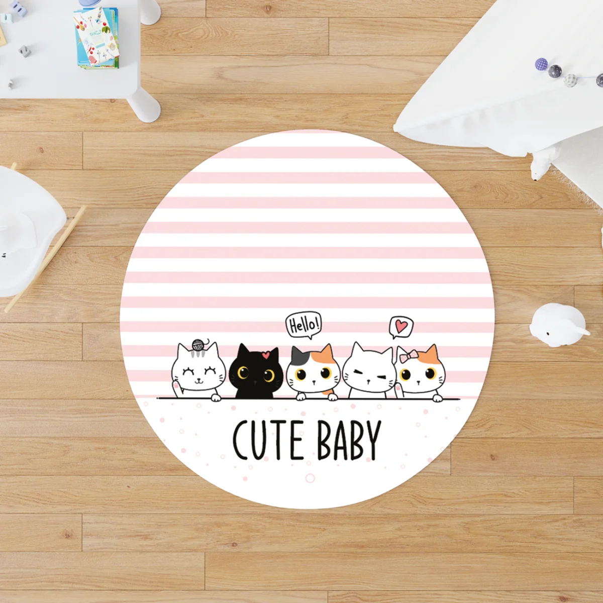 Kedi Yuvarlak Halı | Pembe Çizgili, puantiye Desenli