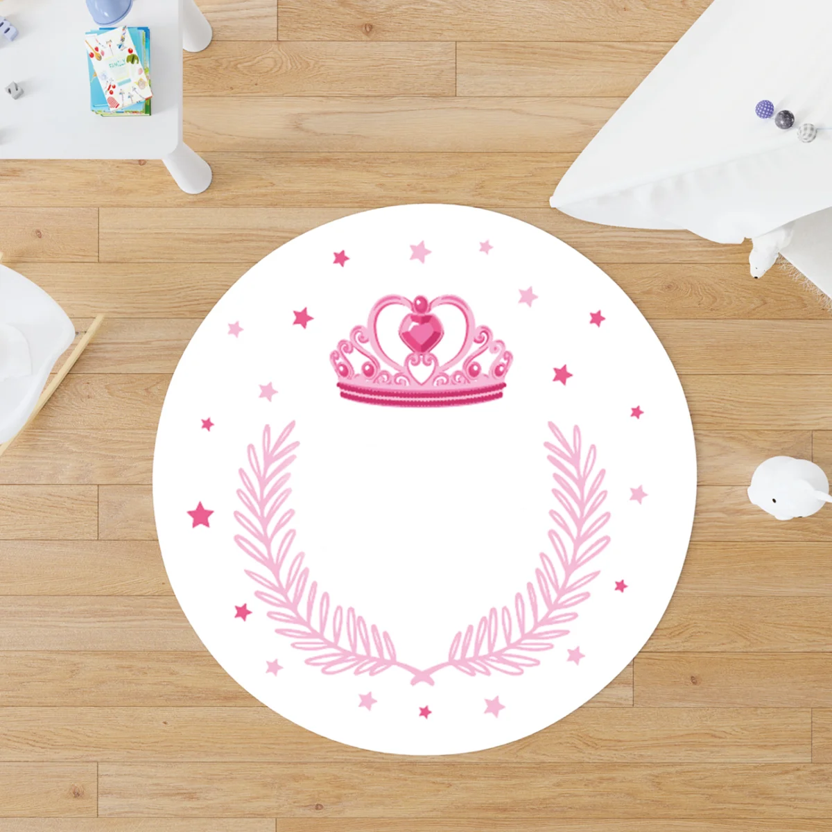 Prenses tacı Yuvarlak Halı | Beyaz Pembe yıldızlar, yaprak desenleri Desenli